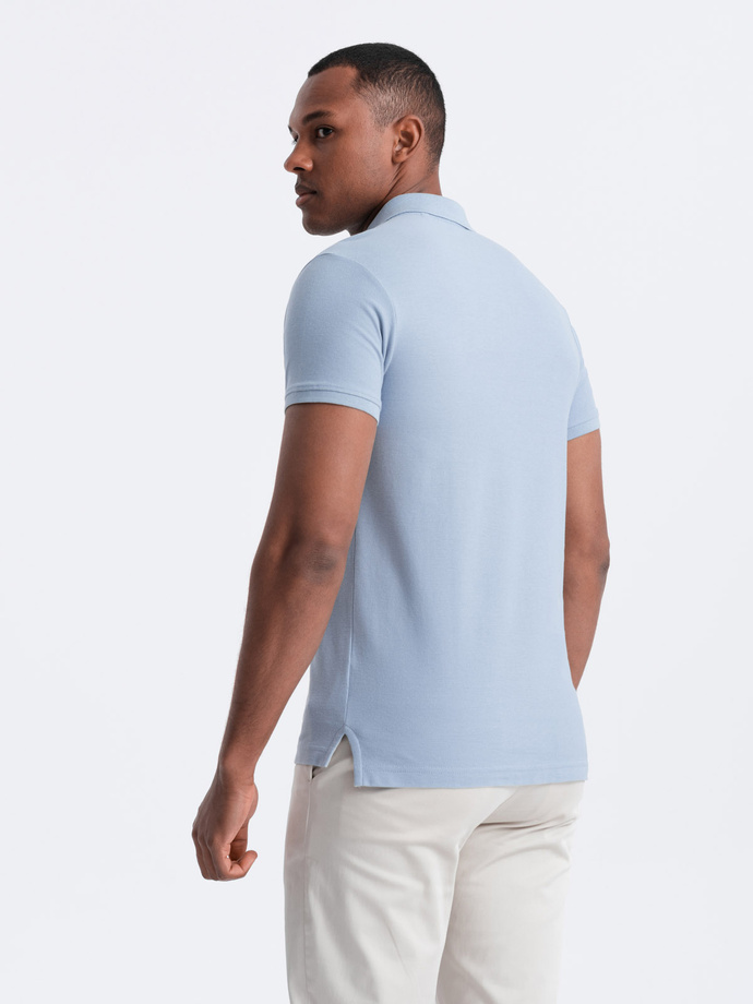 Jednokolorowa koszulka polo męska BASIC z dzianiny pique - niebieski denim V17 OM-POBS-0100