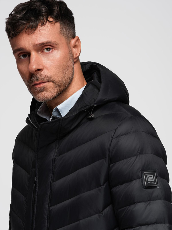 Men's quilted jacket with combined materials and hood - navy blue V3 OM-JALJ-0266