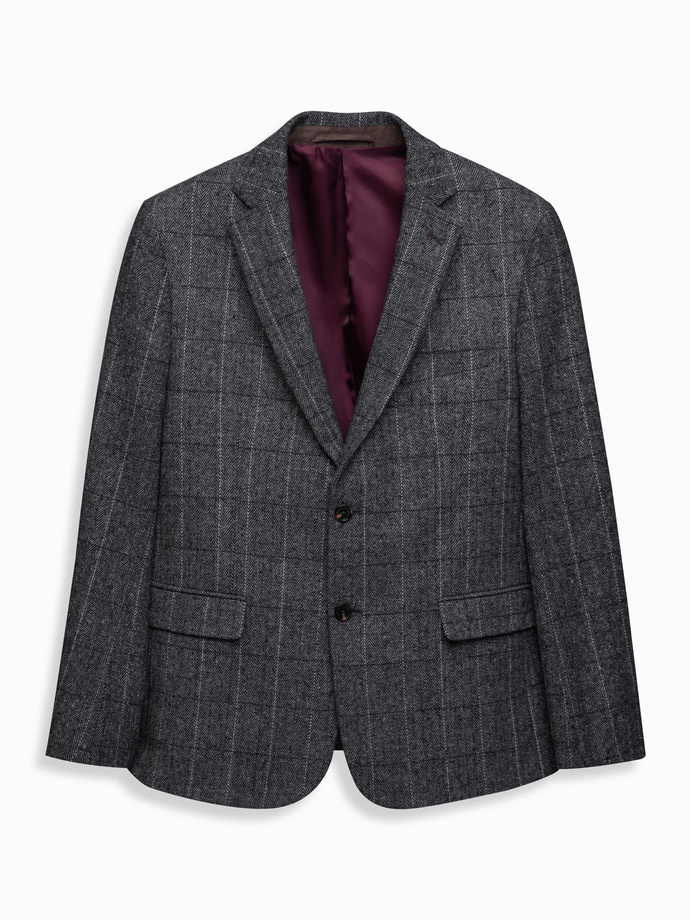Elegancka męska marynarka w kratkę z domieszką wełny – szara V1 OM-BLZB-0137