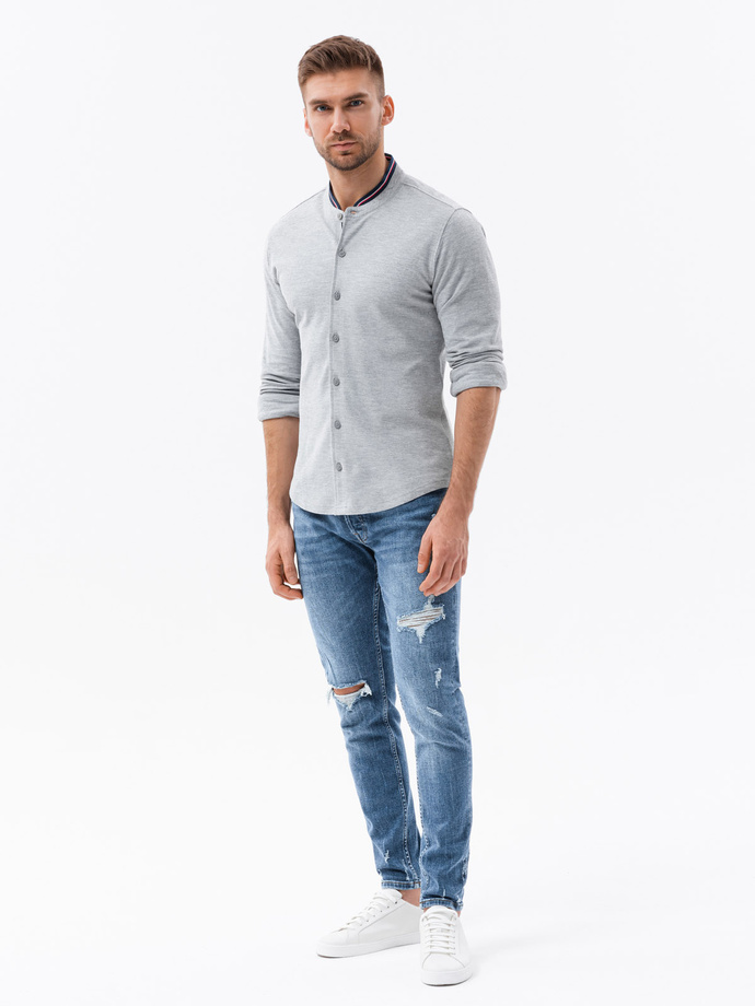 Bawełniana męska koszula SLIM FIT ze stójką w kolorowe paski – szara V5 OM-SHCS-0178 