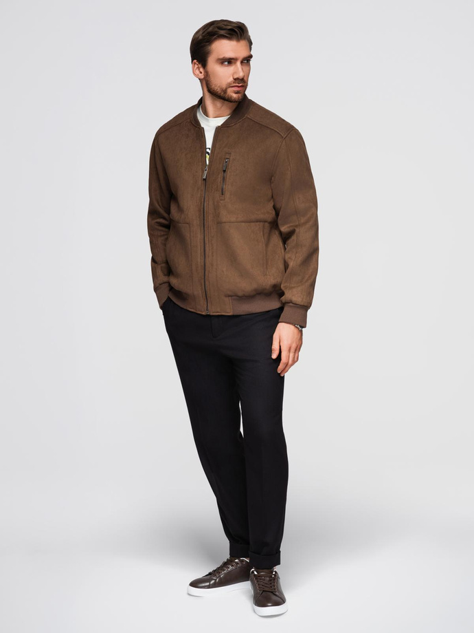 Men's imitation leather jacket with ribbed hem - dark brown V1 OM-JAFL-0109