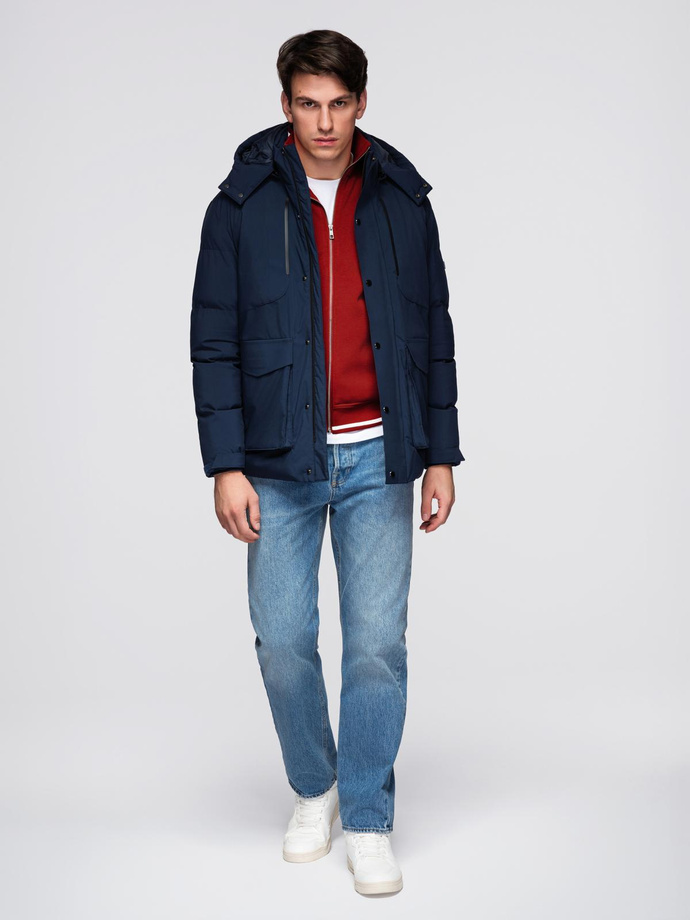 Men's winter jacket with detachable hood made of waterproof material - navy blue V1 OM-JAHP-0306