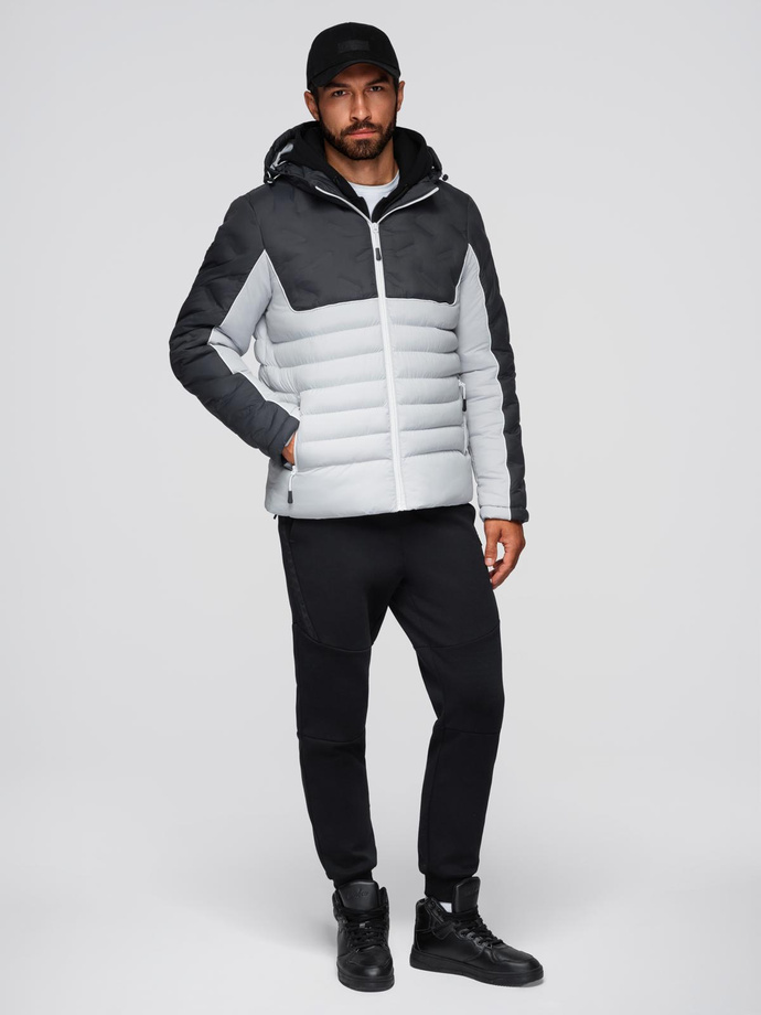Men's quilted jacket with detachable hood - graphite and white V3 OM-JALP-0206