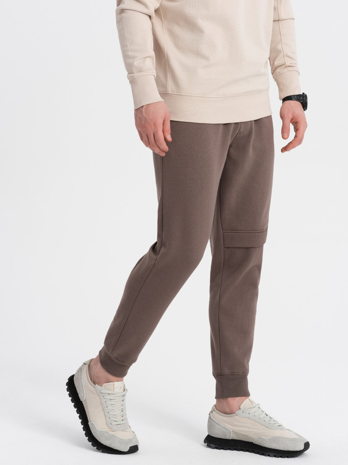 Men's sweatpants with stitching and zipper on leg - brown V4 OM-PASK-0147
