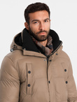 Men's long puffer jacket with snap pockets - brown V2 OM-JALJ-0186