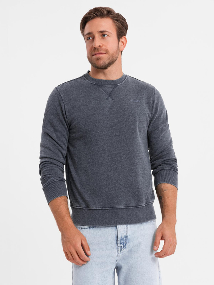 Washed men's sweatshirt with decorative stitching at the neckline - navy blue V4 OM-SSDS-0131