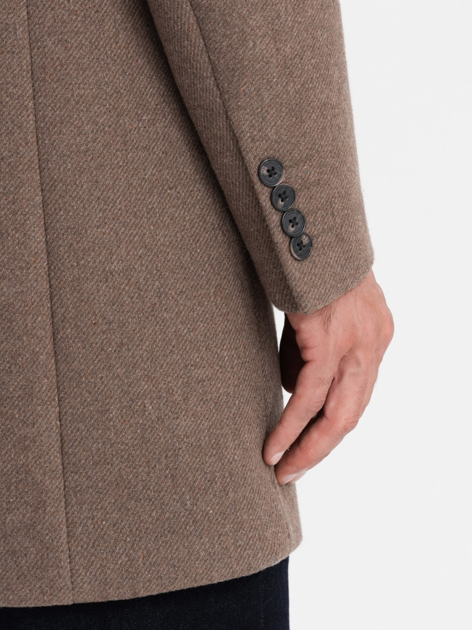 Elegancki jednorzędowy męski płaszcz z wełną – brązowy V1 OM-COWC-0114