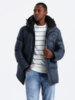 Męska długa kurtka puffer z zapinanymi kieszeniami – granatowa V3 OM-JALJ-0186
