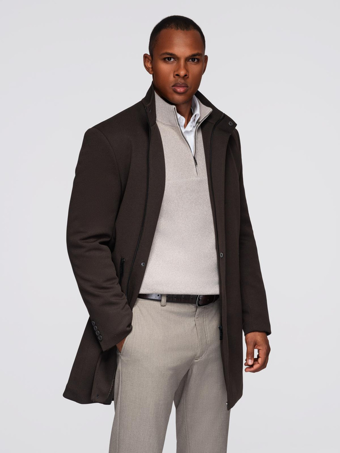 Structured fitted coat for men with high collar - dark brown V5 OM-COWC-0136