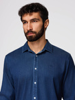 Men's denim shirt with lyocell and embroidery on chest - dark blue V1 OM-SHDS-0180