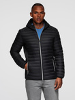 Men's quilted jacket with combined materials and hood - navy blue V3 OM-JALJ-0266