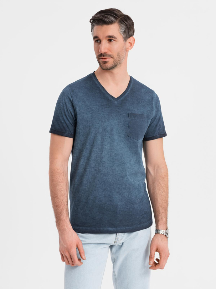 Men's cotton V-neck knit t-shirt with wash effect - navy blue V7 OM-TSWT-0242