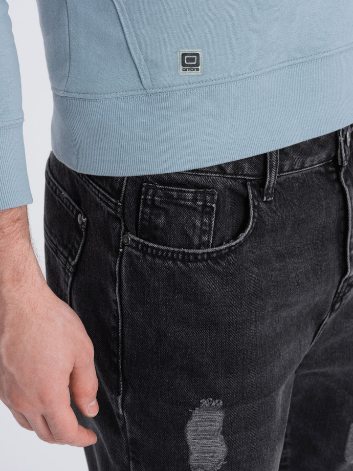 Męskie spodnie jeansowe taper fit z dziurami - czarne V2 P1028