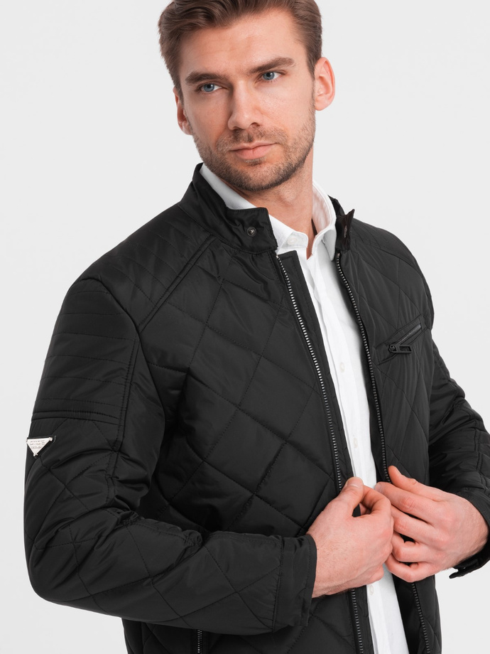 BIKER men's insulated jacket quilted in a diamond pattern - black V1 OM-JALP-22FW-006