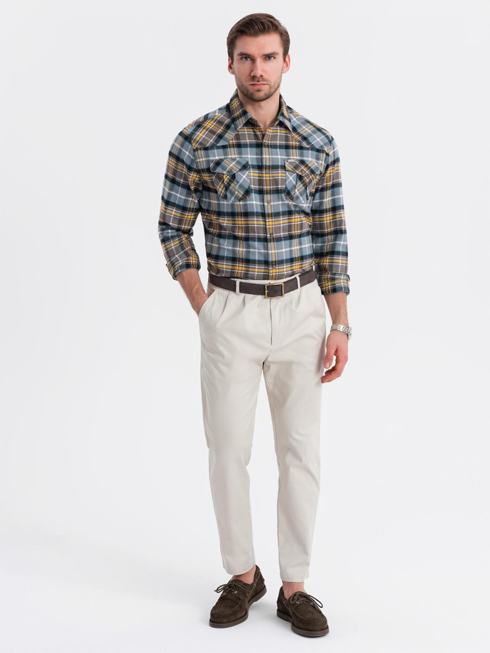 Męska flanelowa koszula w kratę z kieszeniami - szaro-żółta V1 OM-SHCS-0149