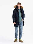 Men's long warm parka hooded jacket - navy blue V1 OM-JALJ-0182