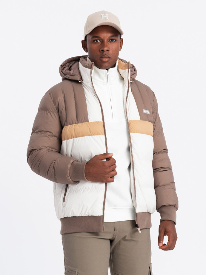 Kolorowa sportowa męska kurtka w stylu retro – beżowo-biała V2 OM-JALP-0175
