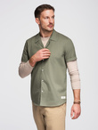 Men's short sleeve shirt with Cuban collar - khaki V4 OM-SHSS-0168