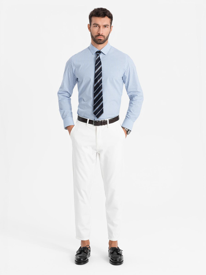 Men's REGULAR FIT cotton shirt with vertical stripes - blue and white OM-SHOS-0155