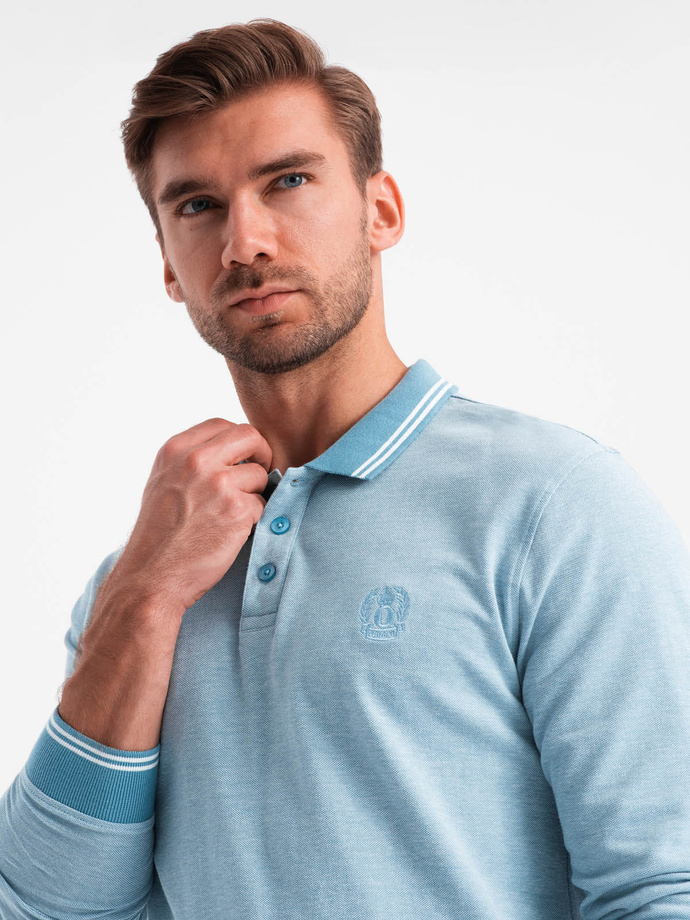 Melanżowy longsleeve męski polo z haftem – niebieski melanż V3 OM-POLS-0129 