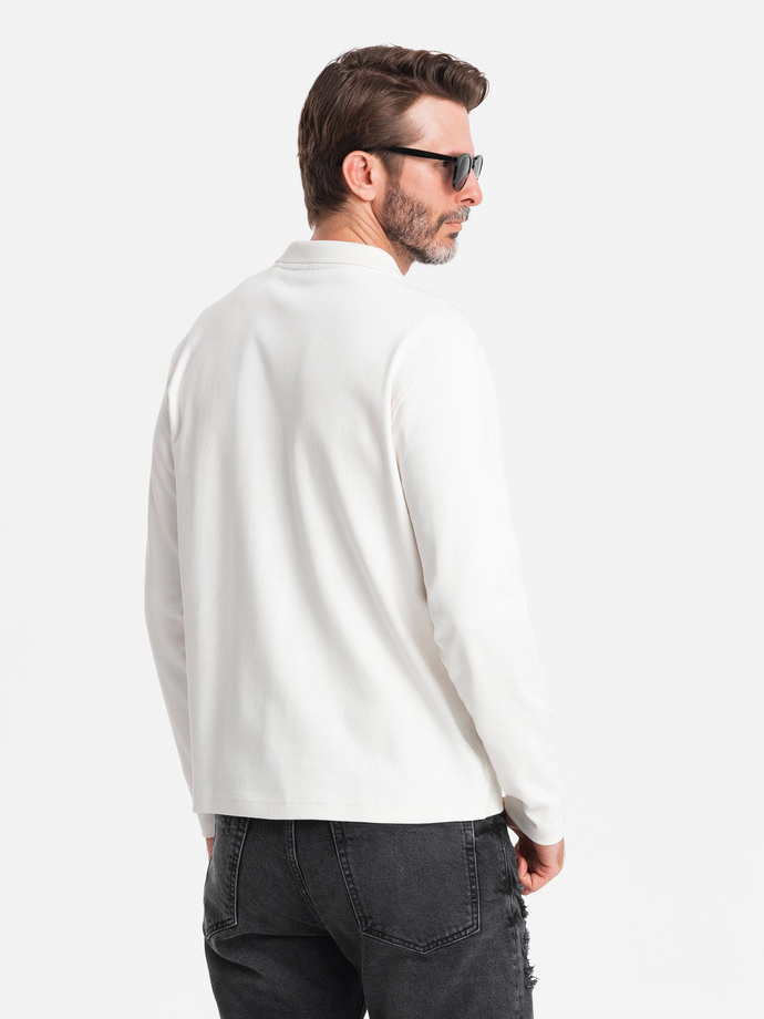 Męski longsleeve polo z zapinanym na zamek kołnierzykiem – biały V1 OM-POLS-0130