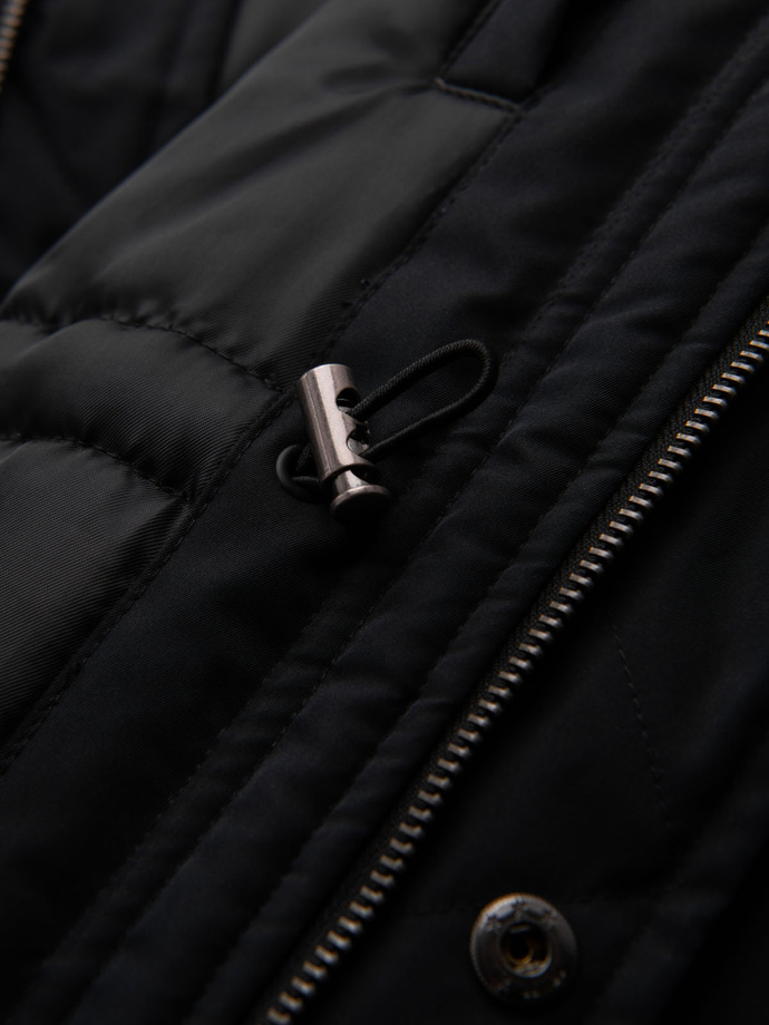Men's faux leather jacket with ribbed bottom hem - black V2 OM-JAFL-0109