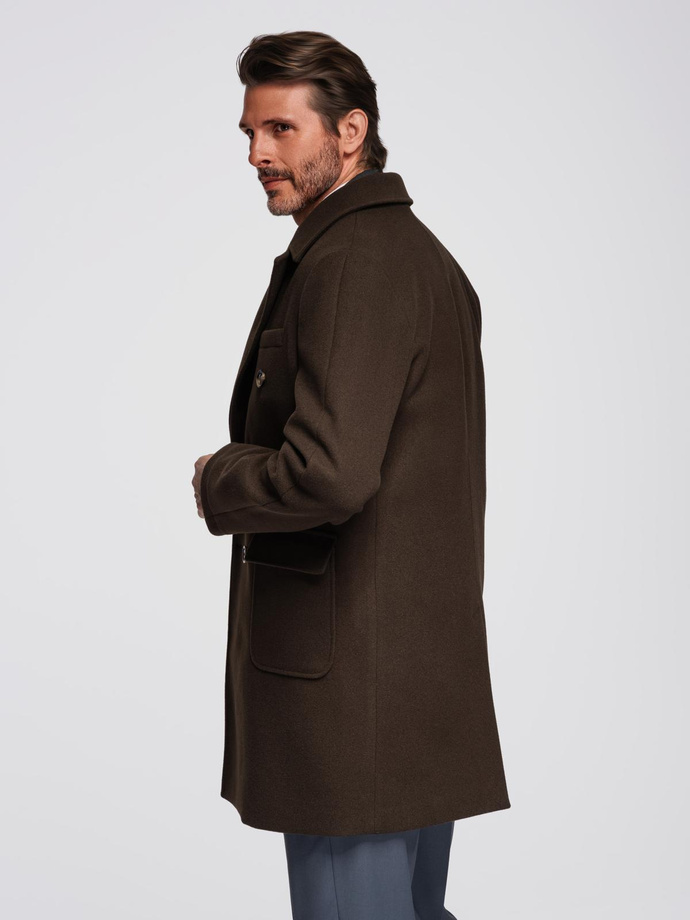Men's coat with asymmetrical fastening and high collar - light brown V4 OM-COWC-0120