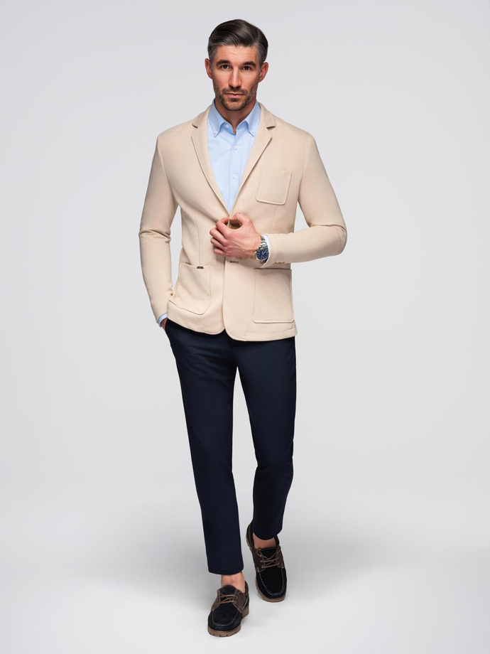 Men's SLIM knit jacket with subtle texture - beige V5 OM-BLZB-0101