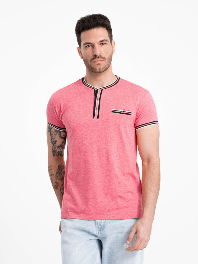 T-shirt męski henley z ozdobnymi ściągaczami - czerwony V1 OM-TSCT-0175