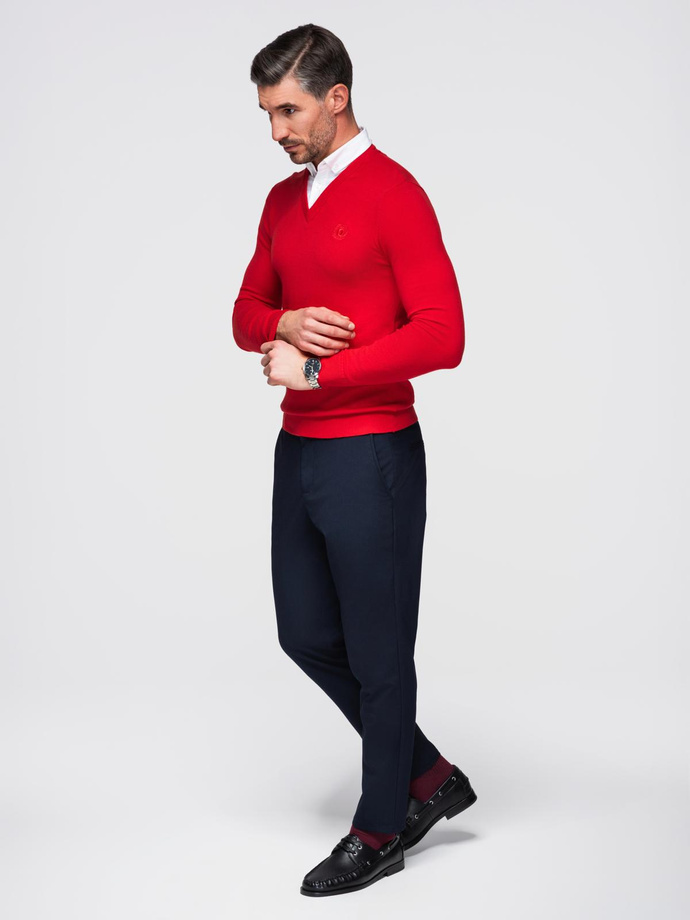Men's sweater with a "v-neck" neckline with a shirt collar - red V4 OM-SWSW-0102