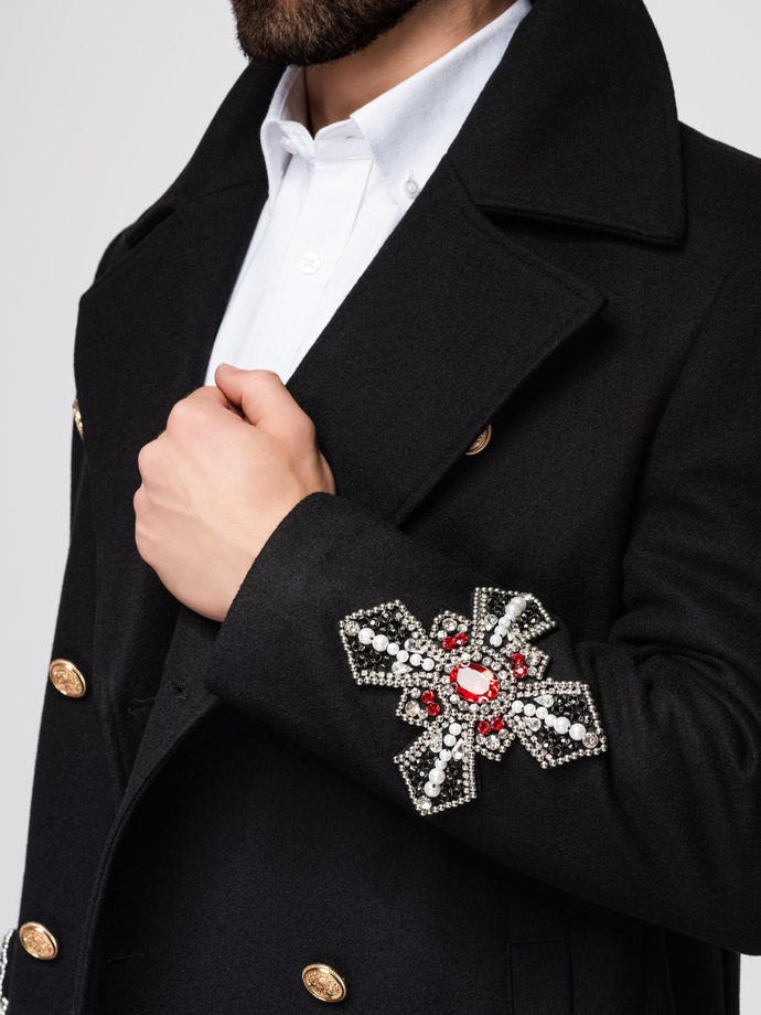 Men's double-breasted coat with wool and bead appliqués on sleeves - black V1 OM-COWC-0148