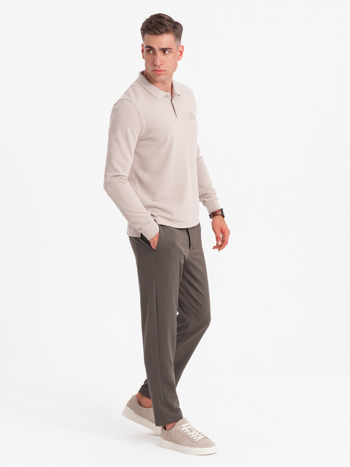 Strukturalny longsleeve polo męski z naszywką – popielaty V3 OM-POLS-0131