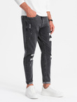 Washowane męskie spodnie jeansowe TAPERED FIT z przetarciami – grafitowe V3 OM-PADP-0163