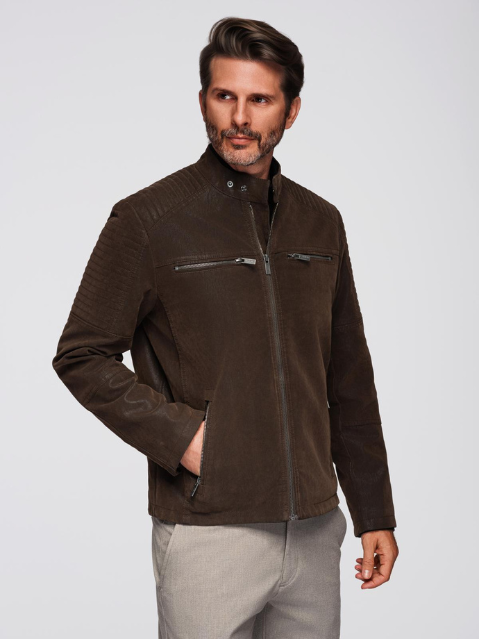 Men's stylish eco leather biker jacket with collar - dark brown V1 C637