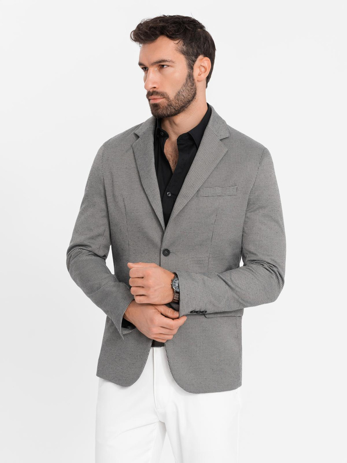 Marynarka męska casual w delikatną kratkę - szara V2 OM-BLZB-0116