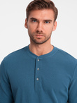 Longsleeve męski z dzianiny waflowej zapinany pod szyją – niebieski denim V4 OM-LSCL-0120