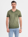 Men's cotton V-neck knit t-shirt with washed effect - olive V9 OM-TSWT-0242