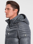 Heavily insulated quilted men's jacket with detachable hood - graphite V3 OM-JAHP-22FW-010