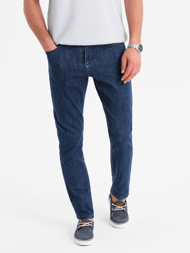 Klasyczne spodnie męskie jeansy SLIM FIT z elastanem – ciemnoniebieskie V3 OM-PADP-0216