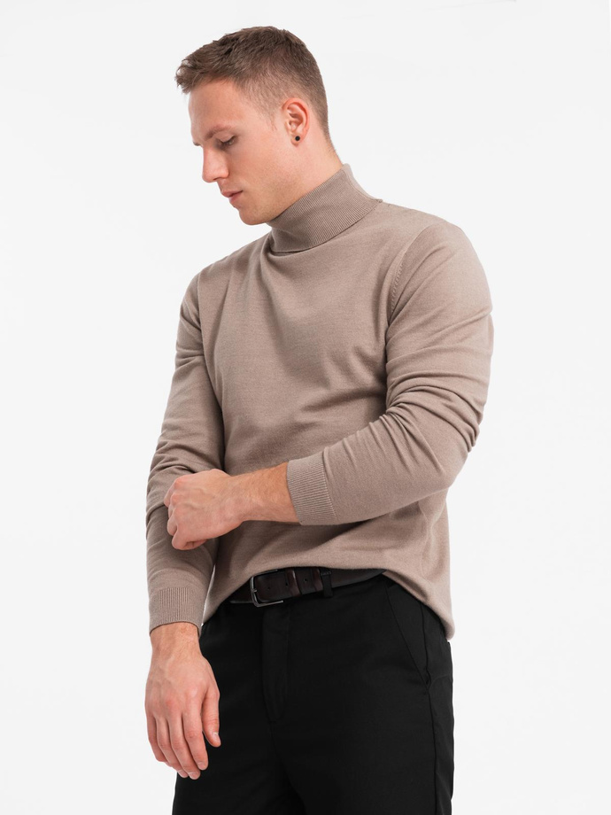 Men's knitted turtleneck with viscose - dark beige V3 OM-SWTN-0127 