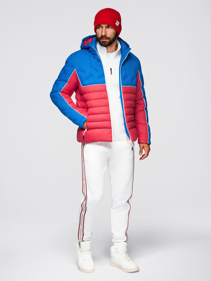 Men's quilted jacket with detachable hood - blue and red V1 OM-JALP-0206