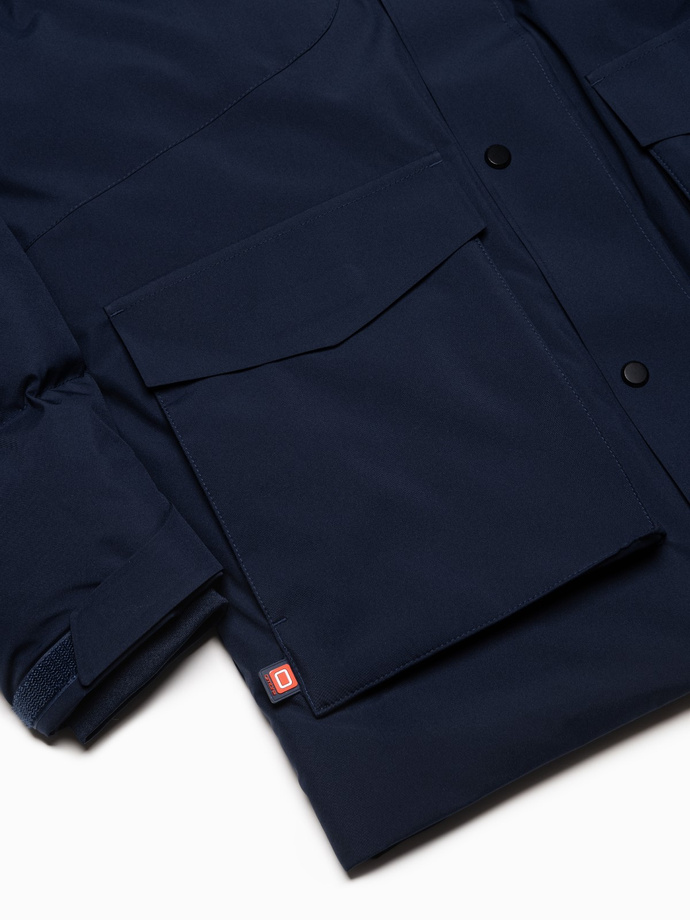 Men's winter jacket with detachable hood and cargo pockets - navy blue V1 OM-JAHP-0152