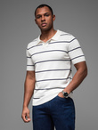 Men's horizontal striped viscose polo shirt - white and navy V2 OM-POSS-0145