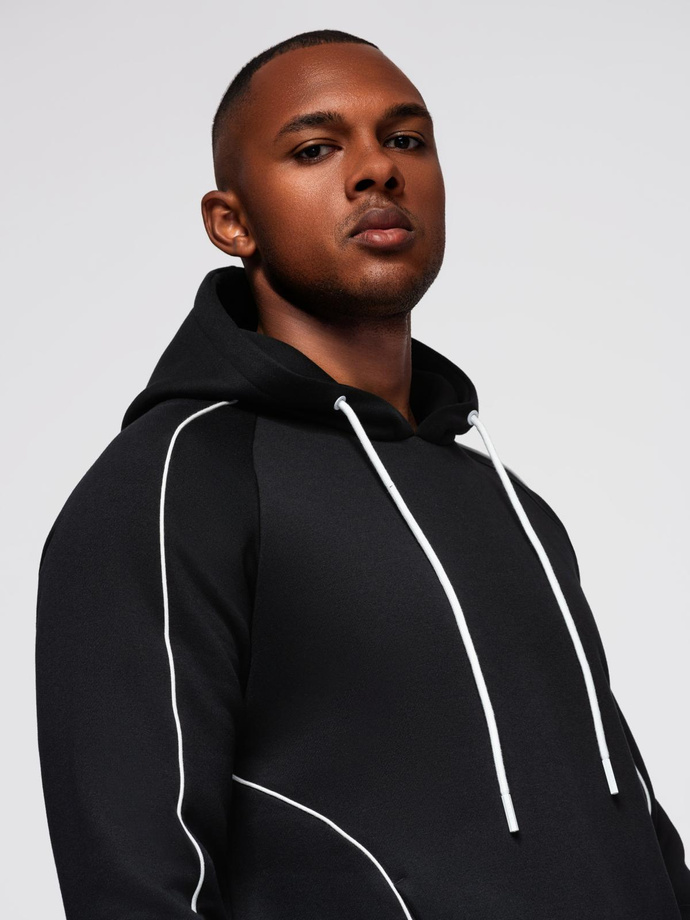 Men's sweatshirt with contrast stitching and hood - black V1 OM-SSNZ-0250