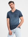 Men's cotton V-neck knit t-shirt with wash effect - navy blue V7 OM-TSWT-0242