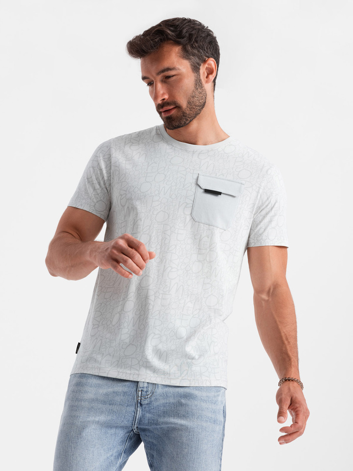 Bawełniany męski t-shirt z literowym printem i kieszonką – biało-szary V3 OM-TSFP-0188