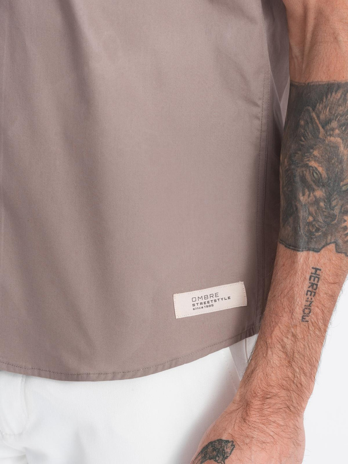 Men's short sleeve shirt with Cuban collar - dark beige V3 OM-SHSS-0168