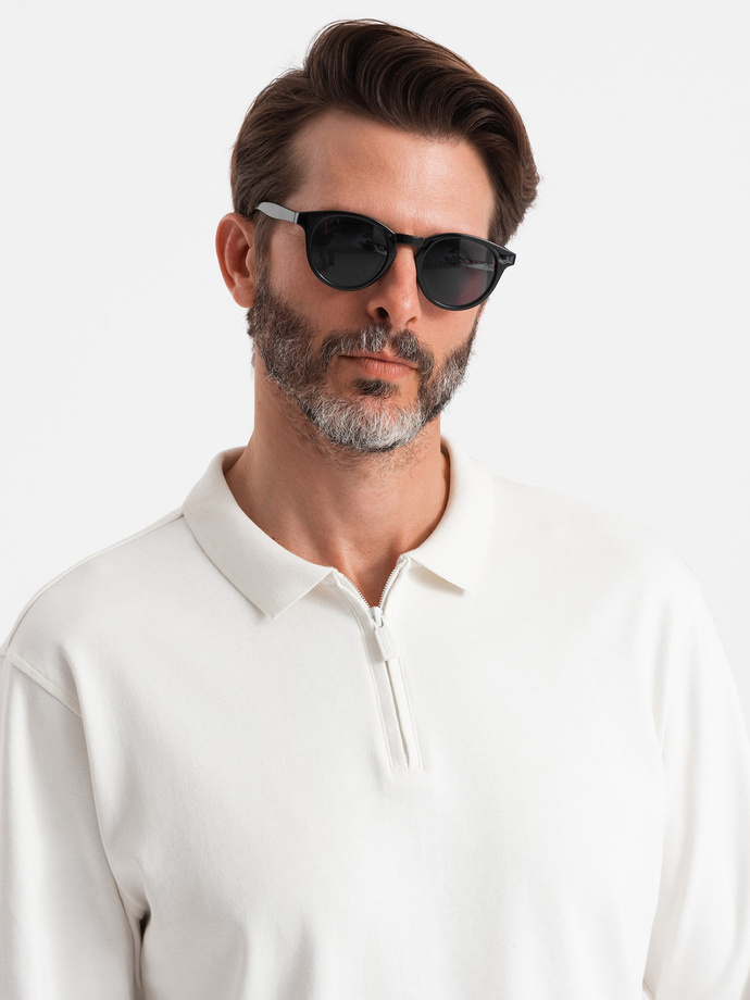 Men's polo longsleeve with zippered collar - white V1 OM-POLS-0130