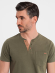 Men's T-shirt with button neckline and suede trim - dark olive V5 OM-TSCT-0206