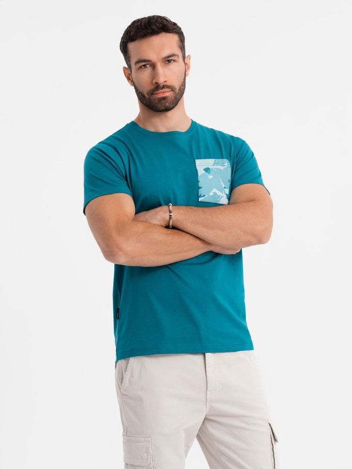 Men's cotton t-shirt with printed pocket - turquoise V1 OM-TSPT-0228